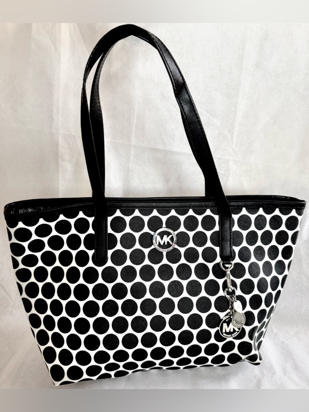 Michael Kors Black & White Polka Dot Jet Set Tote MK Charm Saffiano Leather